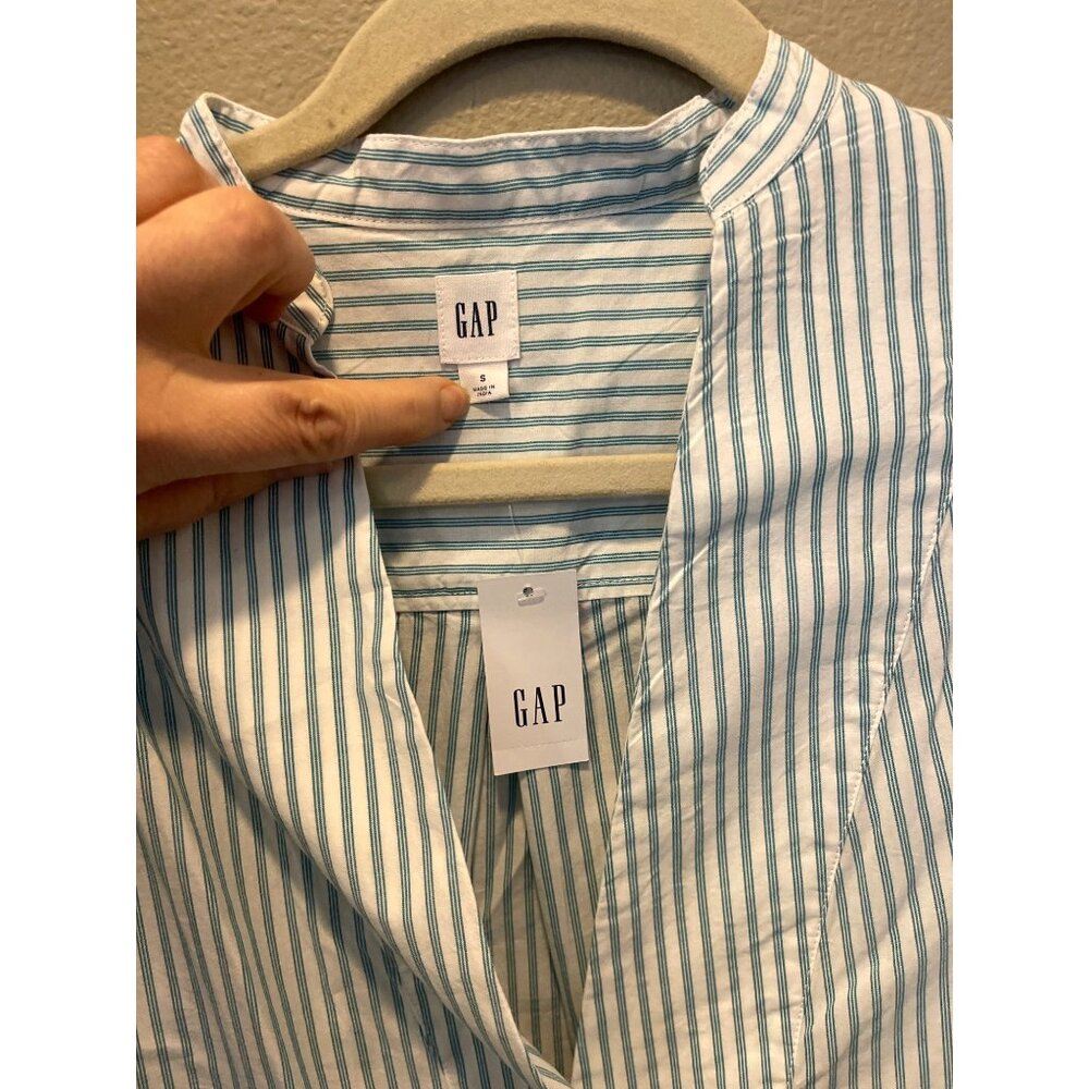 Gap Womens Cotton Blouse Striped Teal White Bib Long Sleeve Size Small - Picture 5 of 7